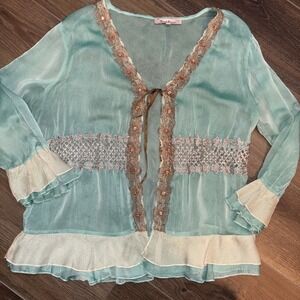 Vintage Y2k Young Essence Fairy Core Cardigan Lace Inde Boho Cottagecore Large